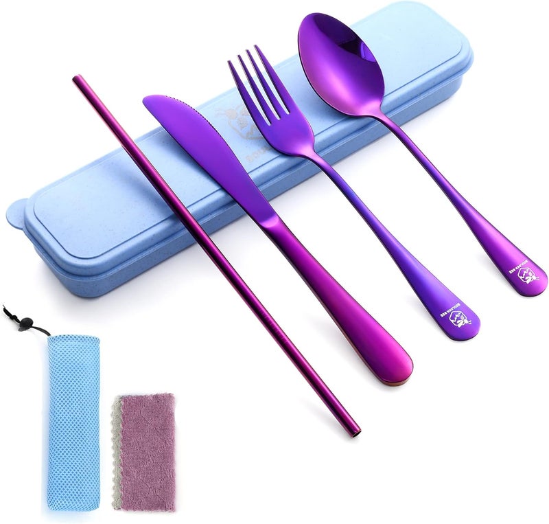 Boulder Bee | Travel Utensils Set | Reusable Camping Cutlery Set | Stainless Steel Flatware Set | Portable Silverware Set with Case | Includes Knife/Fork/Spoon/Straw/Cleaning Cloth/Case (Purple) - Image 1